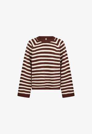 Pruunide ja valgete horisontaalsete triipudega pikkade varrukatega kampsun, millel on ümmargune kaelus ning soonilised mansetid ja äär.