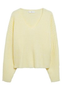 Maglione a coste giallo chiaro con scollo a V e maniche lunghe, design corto e texture morbida. Etichetta visibile nel colletto.