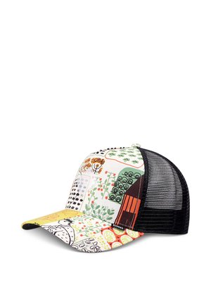 Baseball cap with black mesh back and colorful front panel featuring abstract nature and house patterns in green, orange, and yellow tones.