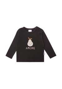 Langärmliges schwarzes Babyshirt aus weicher Baumwolle. Mit einer Birne-Grafik und einem lächelnden Gesicht sowie dem Text "AMORE" in Pink. Druckknöpfe an der Schulter.