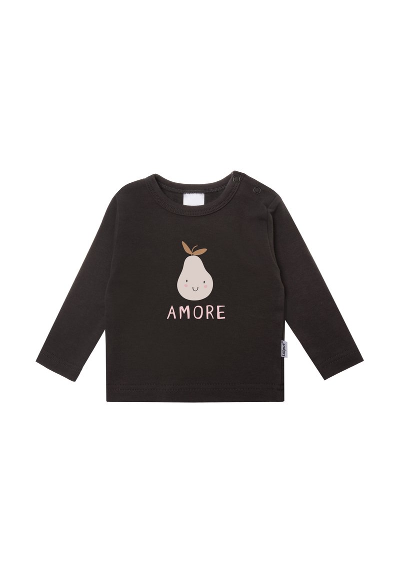 Langärmliges schwarzes Babyshirt aus weicher Baumwolle. Mit einer Birne-Grafik und einem lächelnden Gesicht sowie dem Text "AMORE" in Pink. Druckknöpfe an der Schulter.