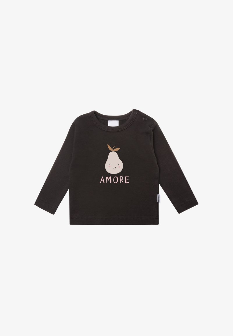 Langärmliges schwarzes Babyshirt aus weicher Baumwolle. Mit einer Birne-Grafik und einem lächelnden Gesicht sowie dem Text "AMORE" in Pink. Druckknöpfe an der Schulter.