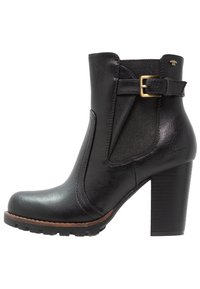 Botte de cheville en cuir noir avec une finition texturée, des panneaux latéraux élastiques et un accent en boucle dorée ; présente un talon épais et une semelle crantée.