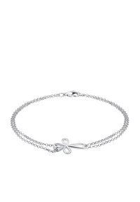 Silberarmband mit einer doppelten Kette und einem Unendlichkeitsschleife-Design in der Mitte. Glatte Textur und polierte Oberfläche. Karabinerverschluss.