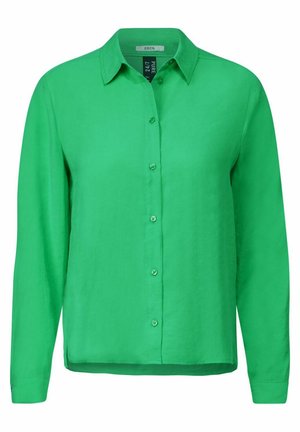 Grüne Button-Up-Hemd mit Kragen, langen Ärmeln und geradem Saum. Hergestellt aus leichtem Stoff mit glatter Textur.