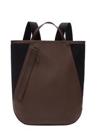 Sac fourre-tout en cuir brun avec des côtés en mesh noir, présentant des poignées supérieures doubles et une poche zippée sur le côté. Texture lisse et forme angulaire.