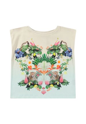 Cremefarvet skjorte med symmetrisk jungleprint med tukaner, leoparder, tropiske blomster, blade og muslingeskaller i levende farver.