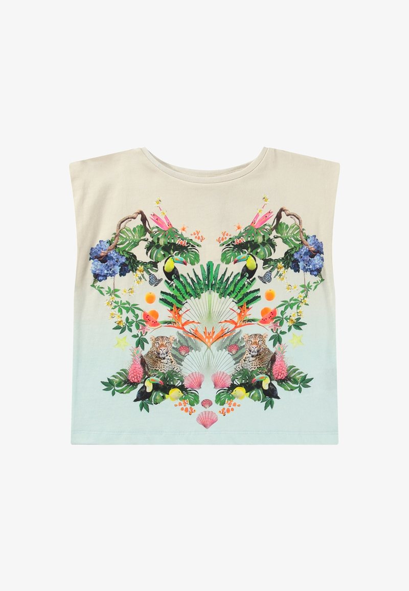 Chemise couleur crème avec imprimé jungle symétrique comprenant des toucans, des léopards, des fleurs tropicales, des feuilles et des coquillages aux couleurs vives.