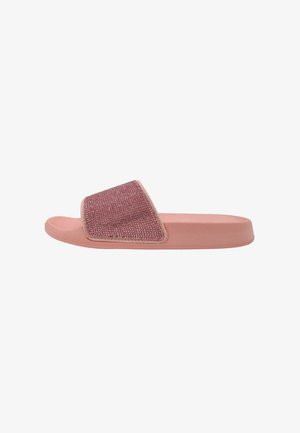 Pink slide sandal featuring a textured strap adorned with sparkling rhinestones. Soft sole with a flat design, suitable for casual wear.
