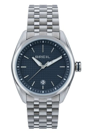 Breil ur med armbånd og kasse i rustfrit stål, mørkeblå tekstureret urskive, sølvfarvede time markører og datovisning ved 6-tiden.