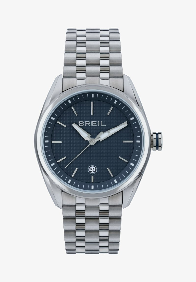 Breil ur med armbånd og kasse i rustfrit stål, mørkeblå tekstureret urskive, sølvfarvede time markører og datovisning ved 6-tiden.