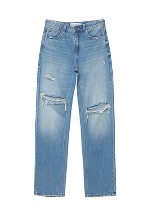 Světlé modré džíny z denimu s roztrhanými dírami na obou kolenou a vysokým pasem se zapínáním na knoflíky, zobrazené rozložené na bílém pozadí.