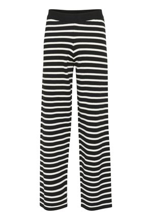 Pantalons à larges jambes rayés noirs et blancs avec une taille élastique et une texture de tissu douce. Les rayures sont uniformément espacées et horizontales.
