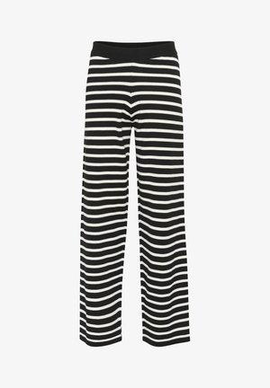 Black and white striped wide-leg pants with an elastic waistband and a soft fabric texture. Stripes are evenly spaced and horizontal.