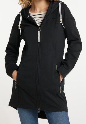 Black hooded jacket made of soft fabric, featuring a front zipper, two side pockets, and drawstring accents at the hood.