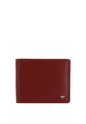 Portefeuille bifold en cuir marron avec coutures visibles et petit emblème ailé argenté dans le coin inférieur droit sur fond blanc.