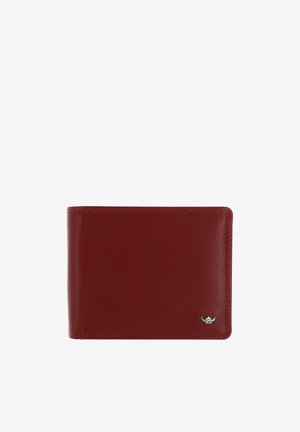 Portafoglio bifold in pelle marrone con cuciture visibili e piccolo emblema alato color argento nell'angolo in basso a destra su sfondo bianco.