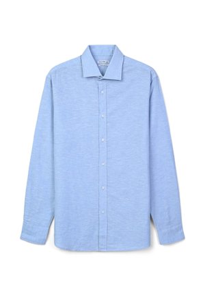 Camicia azzurro chiaro a maniche lunghe realizzata in tessuto testurizzato, con colletto classico, chiusura frontale con bottoni e orlo dritto.