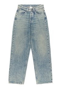 Lichtblauwe denim jeans met wijde pijpen en een hoge taille, grote voorzakken en subtiele vervaging. Klassiek vijfzakken ontwerp en een ritsgulp.