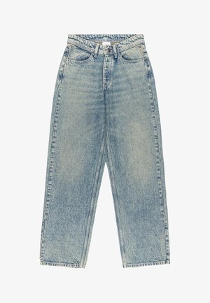 Light blue denim wide-leg jeans with a high waist, large front pockets, and subtle fading. Classic five-pocket design and a zip fly.