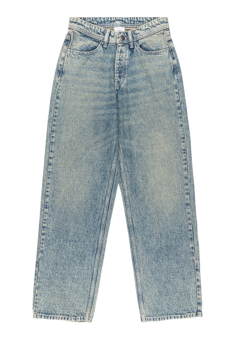 Lichtblauwe denim jeans met wijde pijpen en een hoge taille, grote voorzakken en subtiele vervaging. Klassiek vijfzakken ontwerp en een ritsgulp.