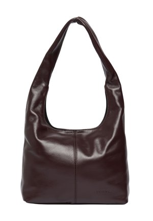 Dunkelbraune, glatte Leder-Umhängetasche mit breitem Einzelriemen und dezentem Markenprägungseffekt in der unteren rechten Ecke.