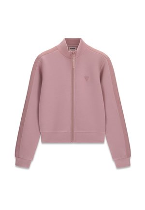 Lichtroze jas met ritssluiting, lange mouwen, geribde manchetten, een staande kraag en een subtiel logo op de linkerborst.