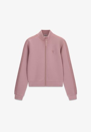 Lichtroze jas met ritssluiting, lange mouwen, geribde manchetten, een staande kraag en een subtiel logo op de linkerborst.