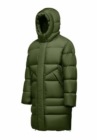 Groene pufferjas met een capuchon, voorzien van een gewatteerd ontwerp, een oversized silhouet, een rits aan de voorkant en zijzakken.