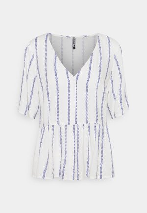 White short-sleeve top with blue vertical stripes, V-neck, button front, and a peplum hem. Made of lightweight fabric with floral patterns.