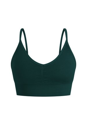 Donkergroen bralette gemaakt van rekbaar materiaal, met een V-halsontwerp, verstelbare bandjes en een gestructureerde band langs de onderkant.