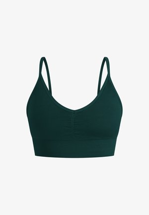 Dunkelgrüner Bralette aus elastischem Material, mit V-Ausschnitt, verstellbaren Trägern und einem strukturierten Bund am unteren Rand.