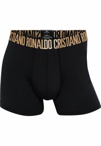 Mustat bokserit, joissa on muotoiltu design, varustettu kultaisella elastisella vyötärönauhalla, jossa on painettuna "Cristiano Ronaldo". Valmistettu polyesteristä ja elastaanista.