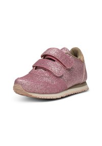 Rosa glittriga sneakers med dubbla kardborreband, rund tå, textilöverkänsla och krämfärgad gummisula. Lätt och flexibel design.