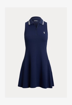 Námornícka bezrukávová šaty s textúrovaným vrkočovým vzorom, zipsovým golierom a bielymi pruhmi, s voľným áčkovým strihom.