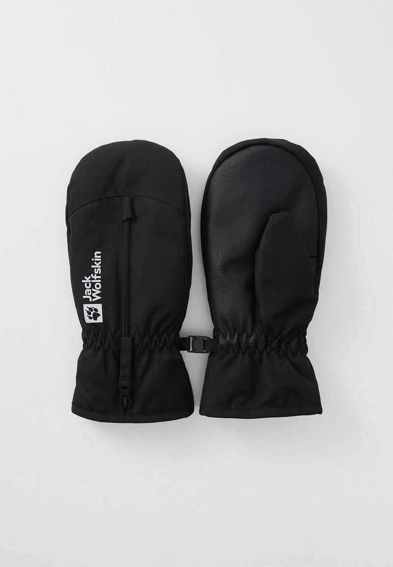 Moufles noires isolées avec une paume en cuir souple, un poignet élastique et une sangle réglable. Présentent un logo imprimé sur le côté.