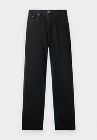 Črne denim hlače ravnega kroja, z zasnovo petih žepov in kovinskimi dodatki. Tkanina ima gladko teksturo in minimalno zbledelost.