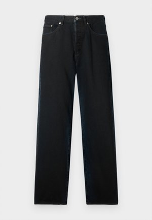 Juodos džinsai su tiesiu kirpimu, penkių kišenių dizainu ir metaliniais aksesuarais. Audinys turi lygų paviršių ir minimalų nudilimą.