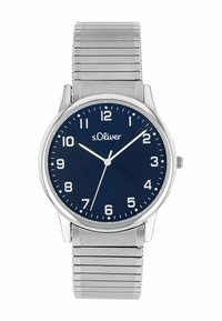 Silberner Metall-Armbanduhr mit einem runden dunkelblauen Ziffernblatt, weißen Stundenmarkierungen und silbernen Zeigern. Verfügt über ein Armband aus Edelstahl-Mesh.