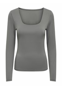 Top de manga larga en gris suave, con un escote cuadrado y una textura lisa. Diseño simple con una silueta ajustada.
