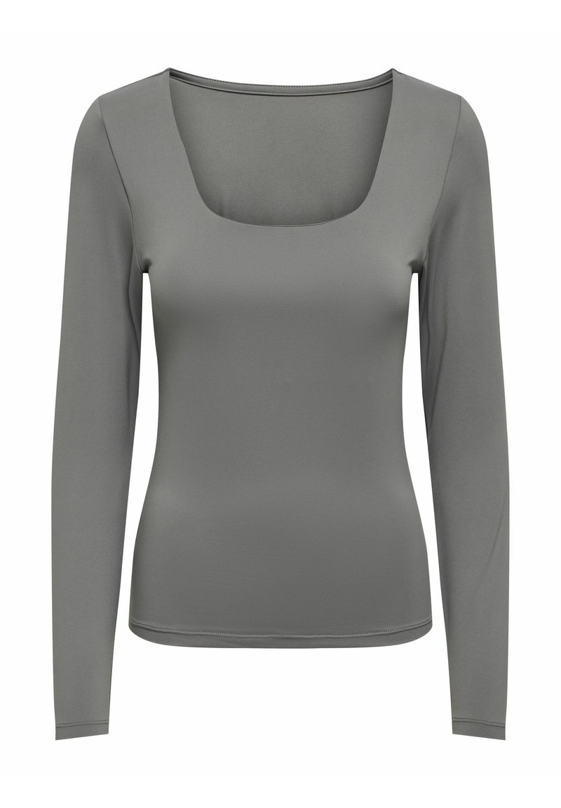 Top de manga larga en gris suave, con un escote cuadrado y una textura lisa. Diseño simple con una silueta ajustada.