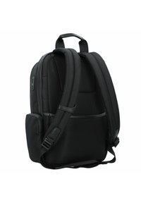Zaino imbottito nero mostrato di spalle con spallacci regolabili, maniglia superiore e imbottitura in rete sul retro per comfort e ventilazione.