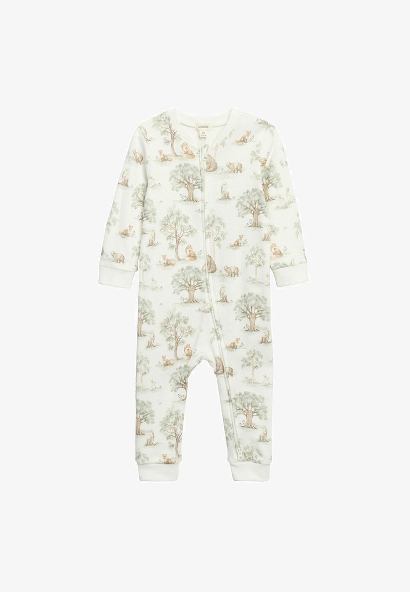 Kremfarvet heldragt til baby, med naturmotiv af træer og dyr. Fremstillet i blødt stof med elastiske manchetter og lynlås foran.