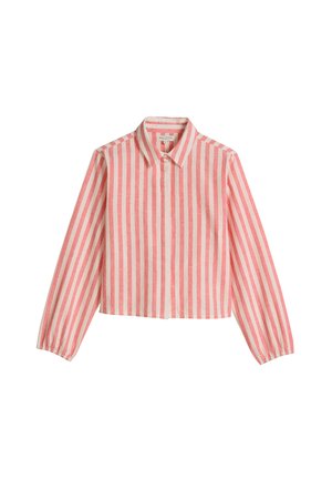 Overhemd met lange mouwen, knopen aan de voorkant, verticale roze en witte strepen en een klassieke kraag, met elastische manchetten.