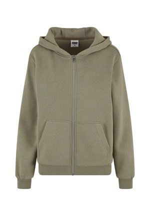 Felpa con zip verde oliva realizzata in tessuto morbido, con cappuccio foderato, due tasche frontali e polsini e orlo a coste.