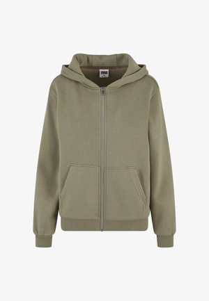 Olivroheline tõmblukuga kapuutsiga svetry, mis on valmistatud pehmest kangast. Sellel on voodriga kapuuts, kaks esimest taskut ning soonikkoes mansetid ja ääred.