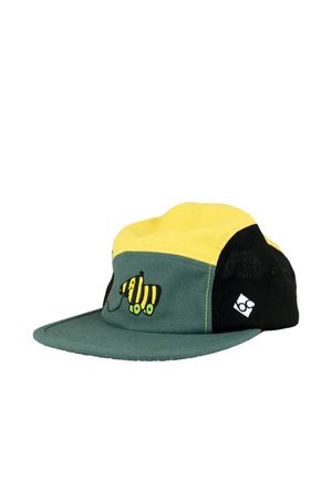 Yellow, green, and black cap with a cartoon yellow and black striped dog on green front panel and a white square logo on black side panel.