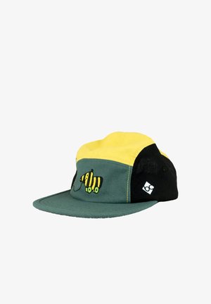 Yellow, green, and black cap with a cartoon yellow and black striped dog on green front panel and a white square logo on black side panel.