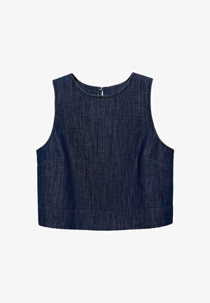 Donkerblauwe denim mouwloze top met een ronde halslijn, rechte snit en zonder zichtbare sluitingen. Heeft een subtiele textuur en zijnaden.
