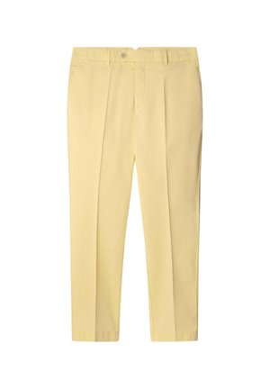Pantaloni giallo chiaro con vestibilità sartoriale, dotati di pieghe sul davanti, chiusura con bottone e gambe dritte. Tessuto di cotone liscio.